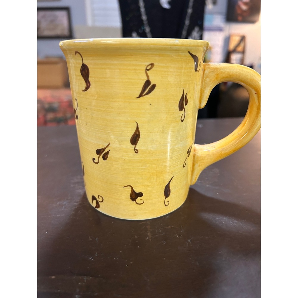 Bath & Body Works at Home Yellow Ceramic Coffee Mug Brown Leaf Pattern 4.5"